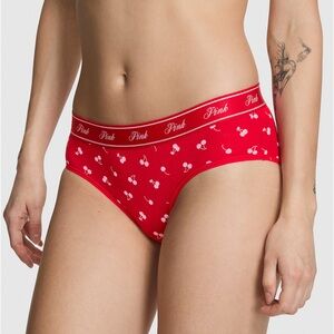 🍒PINK VICTORIA’S SECRET Logo Cotton Hiphugger Panty Bright Red Cherries MEDIUM